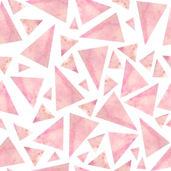 seamless watercolor hand drawn trendy pattern with modern contemporary geometric tringular triangle shapes of pink rose yellow blush colors, Baby shower textile fabric wrapping paper