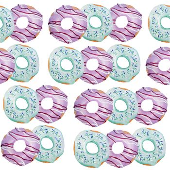 watercolor seamless hand drawn pattern of sweet delicious tasty baked pastry donuts of pink violet lavender lilac mint tiffany green colors. For cafe restaurant menu with heart love st valentine day