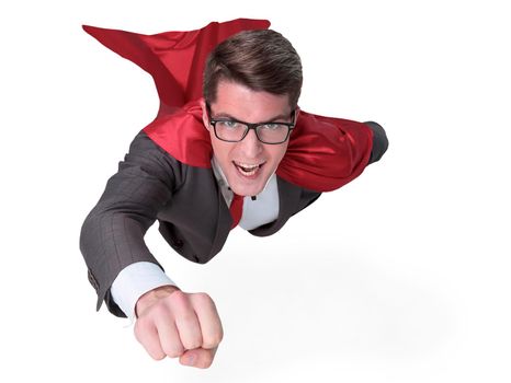 confident superhero businessman is flying to you . isolated on white