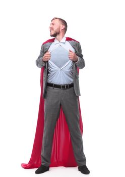 in full growth. Businessman in superhero pose rips his shirt. isolated on white background