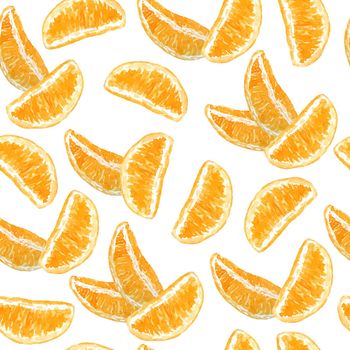 Watercolor hand drawn seamless pattern illustration of bright orange tangerine mandarine citrus fruits pieces minimalist lines. For food organic vegetarian labels, packaging. Natural trendy design