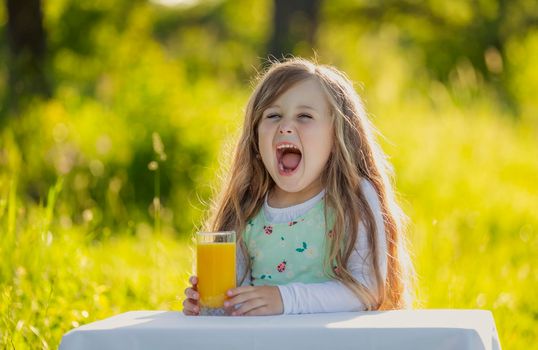 girl with a glass of orange juice in nature