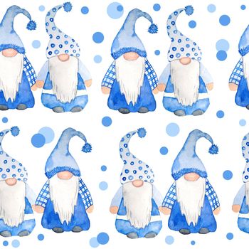Watercolor hand drawn seamless pattern nordic scandinavian gnomes for christmas decor tree. New year illustration in blue grey polka dot background. Funny winter character north swedish elf in hat beard. Greeting card