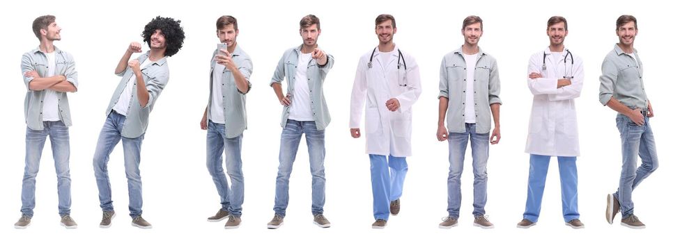 collage doctor and young man isolated on white background