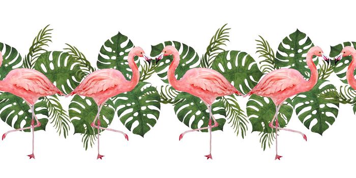 Watercolor hand drawn seamless horizontal border with pink flamingo bird and tropical green monstera palm jungle leaves on background. Summer vacation holiday concept. Print for card invitation t-shirt decor