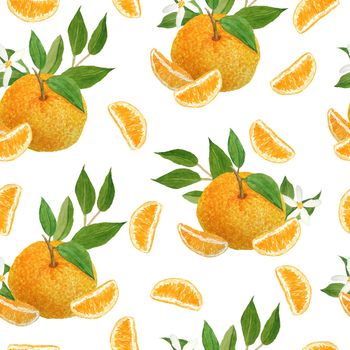 Watercolor hand drawn seamless pattern illustration of bright orange tangerine mandarine citrus fruits with vibrant green leaves flowers. For food organic vegetarian labels, packaging. Natural design trendy