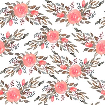 Watercolor seamless pattern of pink blush roses flowers and grey brown neutral faded leaves. Bouquets, petals blossom. Elegant garden blooms for textile wedding invitation cards wallpaper.