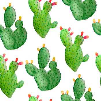 Watercolor hand drawn seamless pattern of tropical mexican cactus cacti succulents. Green natural house plants in pots botanical illsutration print interior design decoration for wallpaper textile