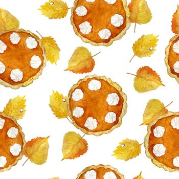 Watercolor hand drawn seamless pattern of pumpkin squash pie with cream topping autumn fall leaves. Traditional dish dessert food for thanksgiving halloween christmas. Baking bakery recipe for dinner cafe party