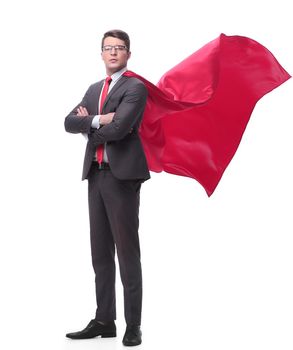 full length . confident businessman superhero in a red Cape. isolated on white