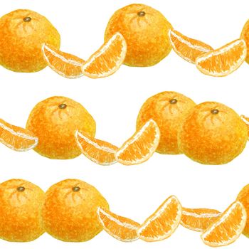 Watercolor hand drawn seamless pattern illustration of bright orange tangerine mandarine citrus fruits pieces minimalist lines. For food organic vegetarian labels, packaging. Natural trendy design