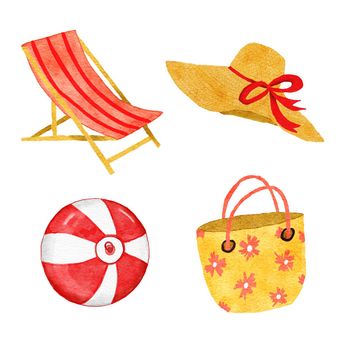 Watercolor hand drawn illustration of beach deck folding chair in red orange yellow colors, summer straw hat vacation holiday ball, tote bag for getaway fashion.