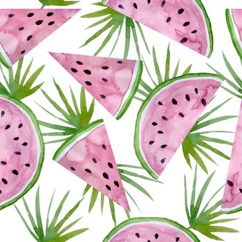 Seamless watercolor hand drawn pattern with sweet juicy watermelon slices and green palm leaves. Summer holiday tropical exotic jungle vacation. graphic floral illustration design for wallpaper textile package
