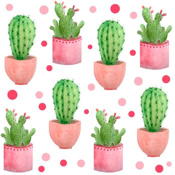 Watercolor hand drawn seamless pattern of tropical mexican cactus cacti succulents. Green natural house plants in pots botanical illsutration print interior design decoration for wallpaper textile