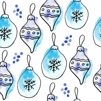 Watercolor seamless hand drawn pattern with Christmas New Year ornaments balls blue turquoise on white background. Black doodle lines trendy modern cartoon style contemporary winter december design