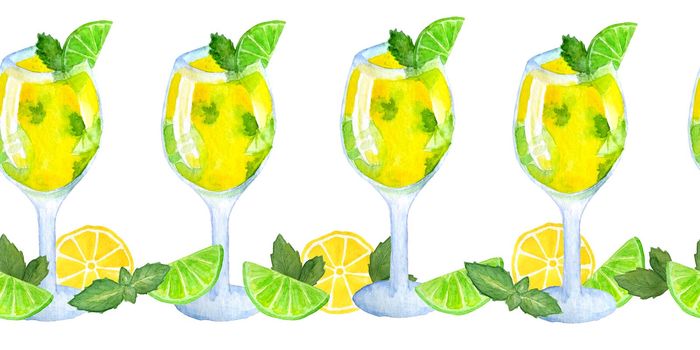 seamless watercolor hand drawn horizontal border with green yellow cocktail mojito mint lime citrus slices vibrant intense tropical summer colors. Alcoholic beverages for restaurant cafe food drink glass