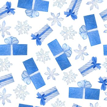 Watercolor seamless hand drawn pattern with blue grey christmas gifts in decor wrapping paper with bows snow snowflakes. Nordic scandinavian neutral colors for new year celebration cards background