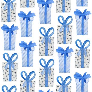 Watercolor seamless hand drawn pattern with blue grey christmas gifts in decor wrapping paper with bows. Nordic scandinavian neutral colors for new year celebration cards background. Box with shiny ribbon