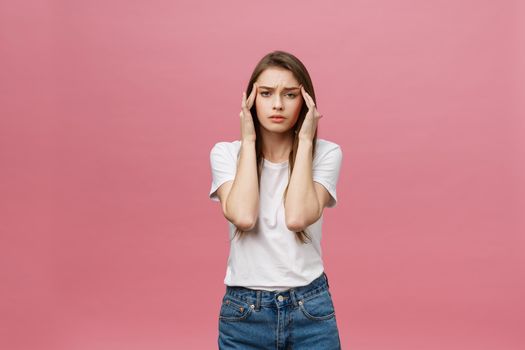 girl suffers from terrible headaches and compresses the head with fingers. Forget and remember something, suffer from illness.