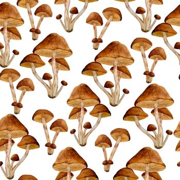 watercolor hand drawn seamless pattern poisonous dangerous mushroom illustration of webcap fungi. Brown ochre caps dark dry leaves in fall autumn forest wood woodland nature Halloween scrapbook design