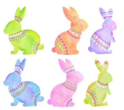 Watercolor hand drawn Easter bunnies rabbits in blue green pink orange pastel colors. Spring april celebration design, cute animals decorated with ethnic ornaments, funny print