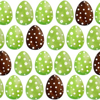 Seamless watercolor hand drawn pattern happy easter eggs of green brown chocolate color with polka dot ornament. Colored religious Christian symbols for cards invitation design celebration decoration