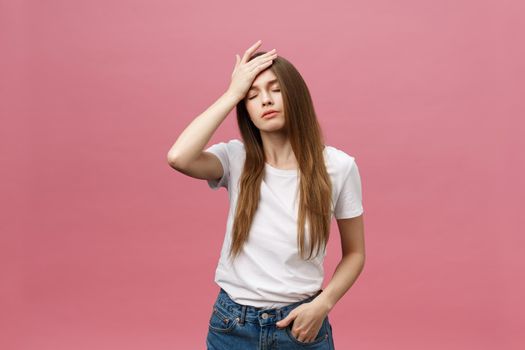 girl suffers from terrible headaches and compresses the head with fingers. Forget and remember something, suffer from illness.