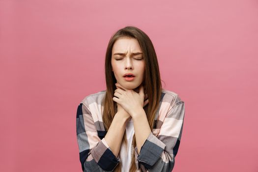 girl suffers from terrible headaches and compresses the head with fingers. Forget and remember something, suffer from illness.