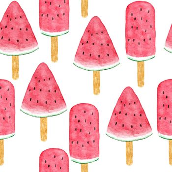 Watercolor hand drawn seamless pattern with watermelon ice cream fruit, red green tropical food, bright summer holiday background. Juicy frech natural plant design with geometric elements