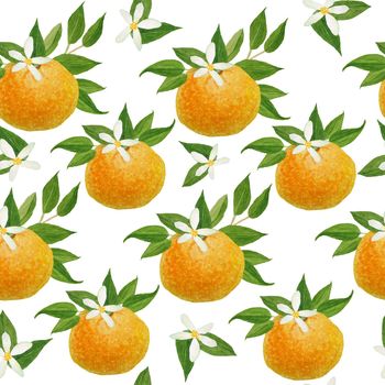 Watercolor hand drawn seamless pattern illustration of bright orange tangerine mandarine citrus fruits with vibrant green leaves flowers. For food organic vegetarian labels, packaging. Natural design trendy