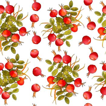 Seamless watercolor hand drawn pattern made of red dog rose berries with yellow grass and green leaf leaves. Wild rosehip on white background healthy organic vegetarian food for kitchen fabric textile