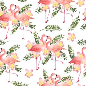 Seamless hand drawn watercolor pattern with pink flamingo, romantic couple in love, palm leaves plumeria frangipani flowers. Tropical exotic bird rose flamingos. Realistic animal illustration. Wedding cards