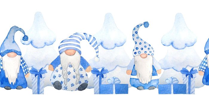 Watercolor hand drawn seamless horizontal pattern of Christmas nordic scandinavian gnome. Design for new year cards invitations in neutral blue grey. Christmas tree presents gifts ornament cartoon