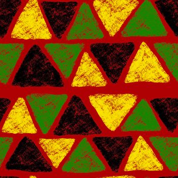 Hand drawn seamless pattern with african geometric ornament design print, Juneteenth freedom 1865 fabric, yellow green red black abstract shapes kente cloth, ethnic background