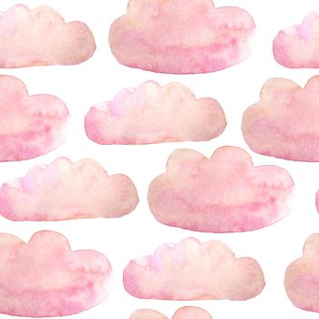 Seamless watercolor hand drawn pattern with blush pink clouds. Soft pastel colors for textile design wallpaper baby shower illustration invitation cards posters. Children kids sleeping clothes funny doodle