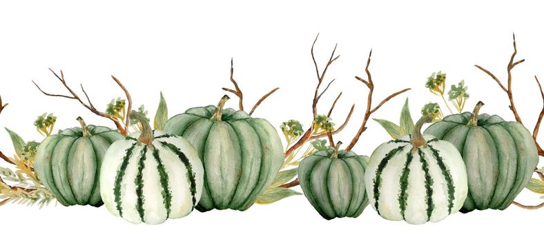 Watercolor hand drawn horizontal border illustration of green neutral pumpkins, wood forest leaves and brown branches. For Halloween thanksgiving design in soft minimalism elegant style, woodland nature