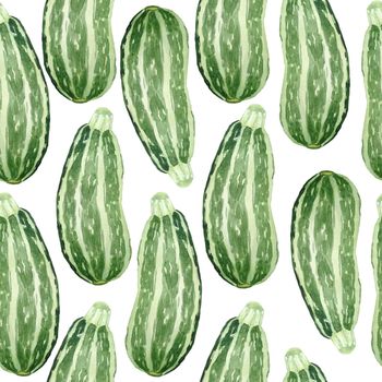 Seamless watercolor hand drawn pattern with green zucchini courgette, farmers organic natural ripe vegetables. Vegetarian vegan design kitchen cooking textile menu labels wallpaper. Labels for harvest produce