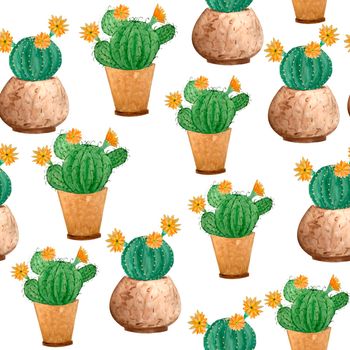 Watercolor hand drawn seamless pattern of tropical mexican cactus cacti succulents. Green natural house plants in pots botanical illsutration print interior design decoration for wallpaper textile