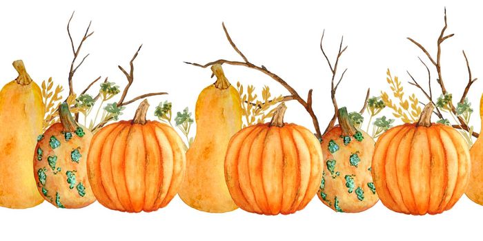Watercolor hand drawn seamless horizontal border with orange pumpkins fall autumn branches, wheat, organic farmers food ingridient. Halloween thanksgiving celebration design illustration. Harvest decoration
