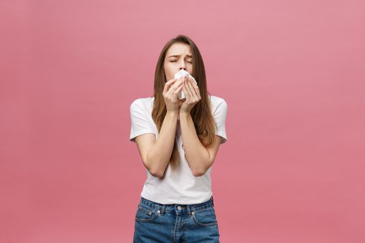 girl suffers from terrible headaches and compresses the head with fingers. Forget and remember something, suffer from illness.