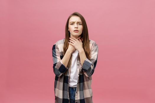 girl suffers from terrible headaches and compresses the head with fingers. Forget and remember something, suffer from illness.