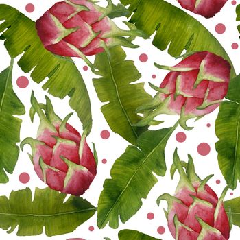 watercolor seamless pattern banana leaves dagon fruit pitaya pitahaya. Green leaf leaves lush tropical exotic foliage delicate greenery isolated elements for composition design natural organic trendy