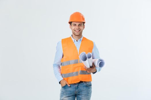 Portrait of confident young bussinessman architect or engineer smiling on white background