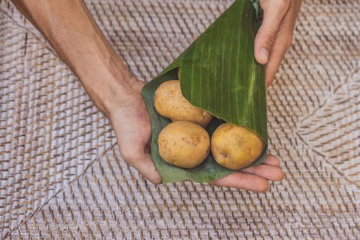 Eco-friendly product packaging concept. Potato wrapped in a banana leaf, as an alternative to a plastic bag. Zero waste concept. Alternative packaging.