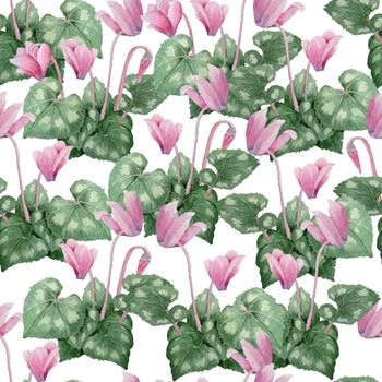 Watercolor hand drawn seamless pattern illustration of pink violet purple cyclamen wild flowers. Forest wood woodland nature plant, natural realistic design leaves petals. For wedding cards, invitation