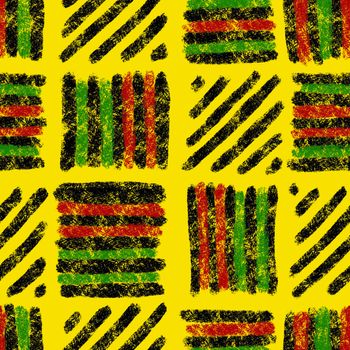 Hand drawn seamless pattern with african geometric ornament design print, Juneteenth freedom 1865 fabric, yellow green red black abstract shapes kente cloth, ethnic background