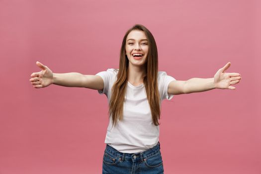 friendly woman with an open hand ready for hugging