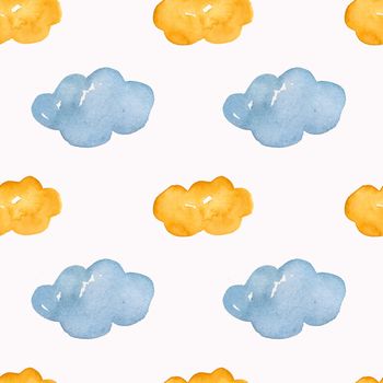 Seamless pattern for baby room clouds are blue and yellow. Bright positive watercolor drawing for fabric, wallpaper, packaging