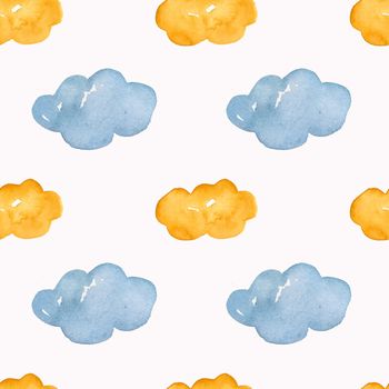 Seamless pattern for baby room clouds are blue and yellow. Bright positive watercolor drawing for fabric, wallpaper, packaging