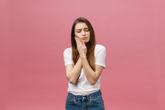 Young caucasian woman over isolated background touching mouth with hand with painful expression because of toothache. Dentist concept.